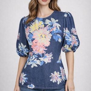 Gracia Floral Denim Balloon Short Sleeve Peplum Waist Romantic, Fairy, Top Sz M